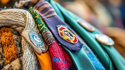 Colorful scarves and badges displayed together, showcasing various designs and textures.