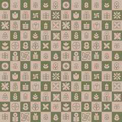 Ornate floral geometric seamless pattern. Retro styled abstract tiles with mid century flowers. Modern blocks, mosaic. Vintage aesthetic