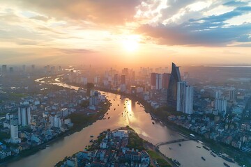 Fototapeta premium Aerial view of Shanghai skyline at sunset, China. Shanghai is the capital city of China.
