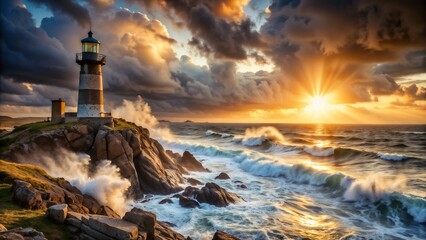 Lighthouse standing majestically by the rocky coastline during a dramatic sunset.