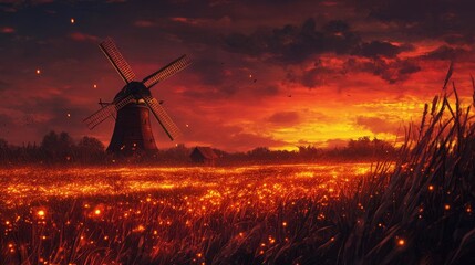 A serene sunset landscape featuring a windmill amidst glowing fields.