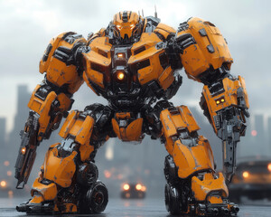 Futuristic Orange Battle Robot in Urban Cityscape Ready for Combat Action