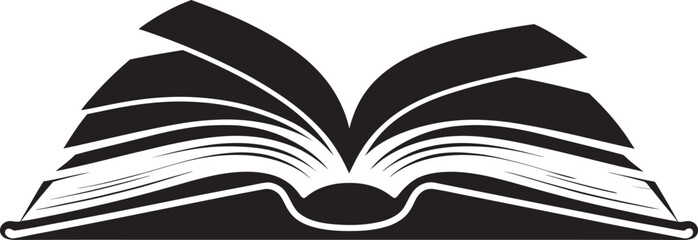 An open book with curved pages upward with black and white silhouette vector minimalistic illustration