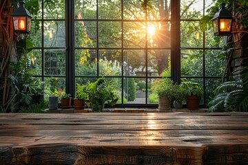Fototapeta premium Wooden Tabletop with Copy Space on Blurred Kitchen Interior and Summer View