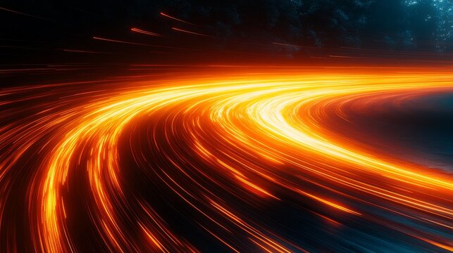 Abstract fiery trails curve across dark space