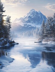 Snowy Winter Wonderland: Frozen Lake and Majestic Mountains - Serene winter landscape, frozen lake reflecting snow-capped mountains, tranquil forest, peaceful sunrise.  Winter, nature, serenity, beaut