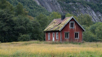 Obraz premium Solitary Rustic Red Cabin nestled in a Mountain Valley