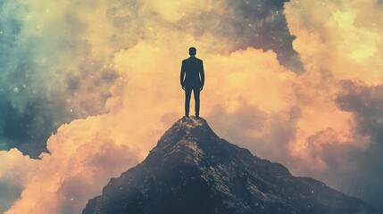 A Businessman Standing on a Mountain Peak Against a Dramatic Cloudy Sky, Symbolizing Achievement, Success, and Overcoming Challenges in Life and Career