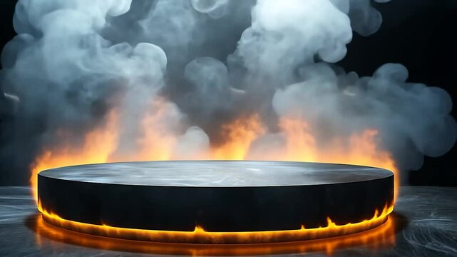 Fire podium background flame hot stage platform show black light. Fire burn background red podium gold pedestal effect round stand award golden product abstract.
