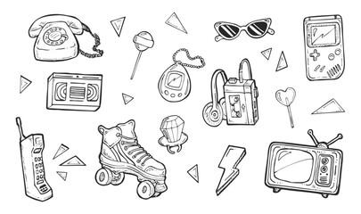Hand drawn retro doodles featuring objects from the 90s, set of icons of 90s. Vintage elements, lollipop, roller skates, gamepads, phone, sunglasses and cassette tape on a white background in vector