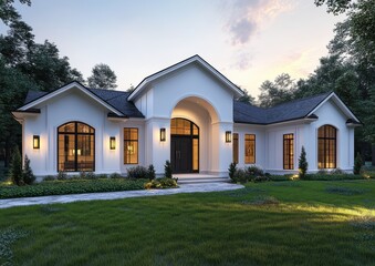 Elegant Modern House Exterior with Well-Manicured Lawn and Stylish Landscaping, Illuminated by Soft Evening Light, Surrounded by Lush Trees