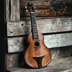 Fototapeta premium Aged wooden ukulele rests on weathered wood.
