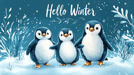 Naklejka premium Illustration of a mugs with playful penguin greeting cold winter season, text above reads 'Hello Winter' in watercolor style.