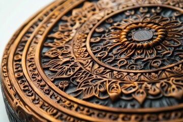 Fototapeta premium Intricate wooden circular carving, ornate mandala design.
