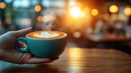 Steaming latte art in teal cup.