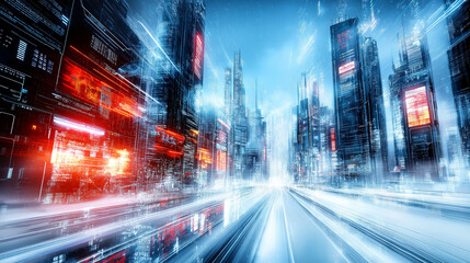 Obraz premium Futuristic Cyberpunk Cityscape with High-Tech Skyscrapers and Neon Lights. Perfect for screensaver, desktop wallpaper or as a background for a website