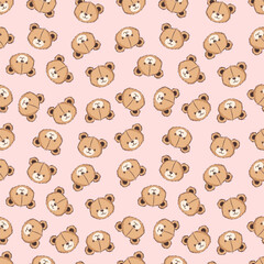 Cute bear seamless pattern with friendly faces on a soft pink background for children and crafts