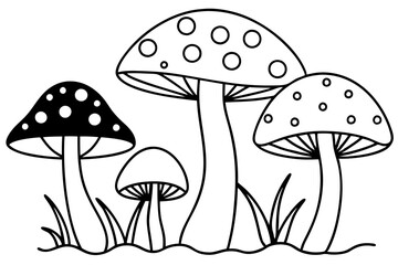 Cute Cartoon Mushrooms, Fungi, Nature, Forest, Line Art, Drawing, Illustration, Black and White, Sim