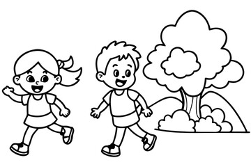 Happy Children Playing Outdoors Black and White Coloring Page Illustration