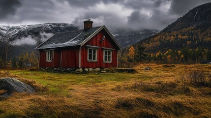 Red Cabin in the Norwegian Mountains