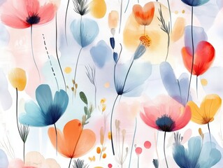 Vibrant seamless pattern  brushstroke concept. A vibrant watercolor pattern featuring various colorful flowers against a soft, pastel background, creating a cheerful and artistic ambiance.