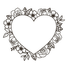 Romantic Heart-Shaped Floral Frame - Black and White Design, Vector Illustration.