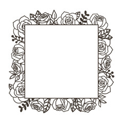 Hand-Drawn Square Floral Frame, Romantic Frame with Delicate Flowers and Foliage - Black and White Design, Vector Illustration.