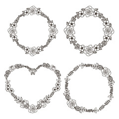 Romantic Rose Wreath Outline set with Hand-drawn Flowers and Leaves - Black and White Design, Vector Illustration.