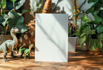 Dinosaur-Themed Blank Card Mockup with Colorful Toy Dinosaurs on Marble Surface – Perfect for Kids’ Birthday Invitations and Fun Prehistoric Designs