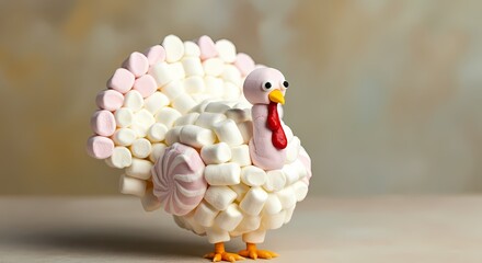 Thanksgiving Turkey Bird made from Marshmallows, Sugar Treat Marshmallow Candy Art, Sugary Gelatin Treat