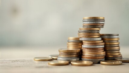 A stack of coins in a modern style, neatly arranged. Different metals, sizes, and shapes. Neutral background.
