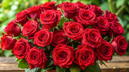 Bouquet of vibrant red roses beautifully arranged in a lush green background.