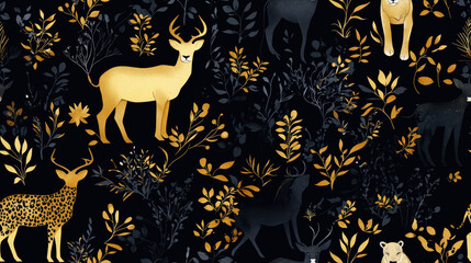 A black and gold print of animals in a forest