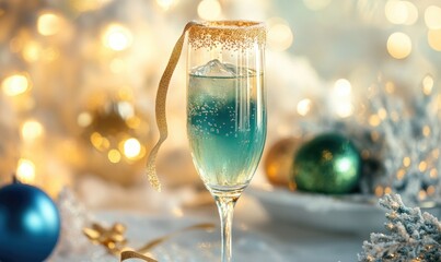 A glass of blue liquid with a gold ribbon on top