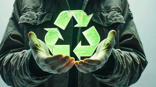 Man is holding a green recycling symbol in his hands. The image conveys the importance of recycling and taking care of the environment