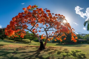 A panoramic view of a Flamboyant tree adorned with fiery orange-red blossoms under the clear blue sky of a sunny autumn day. - obrazy, fototapety, plakaty