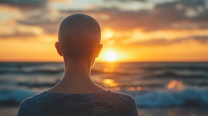 Bald girl looks at the sea and sun, fight against cancer