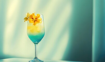 A glass of blue and yellow drink with a flower on top