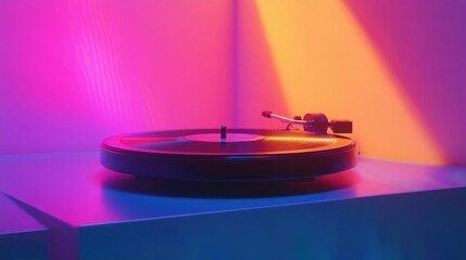 Obraz premium A stylish turntable on a table, illuminated by colorful lighting, showcasing music enjoyment.