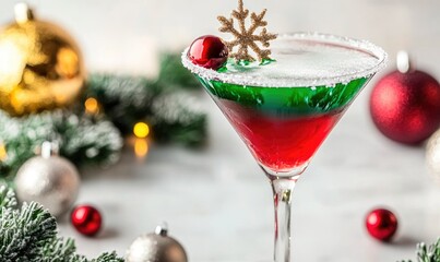 A martini glass with a green and red garnish on top