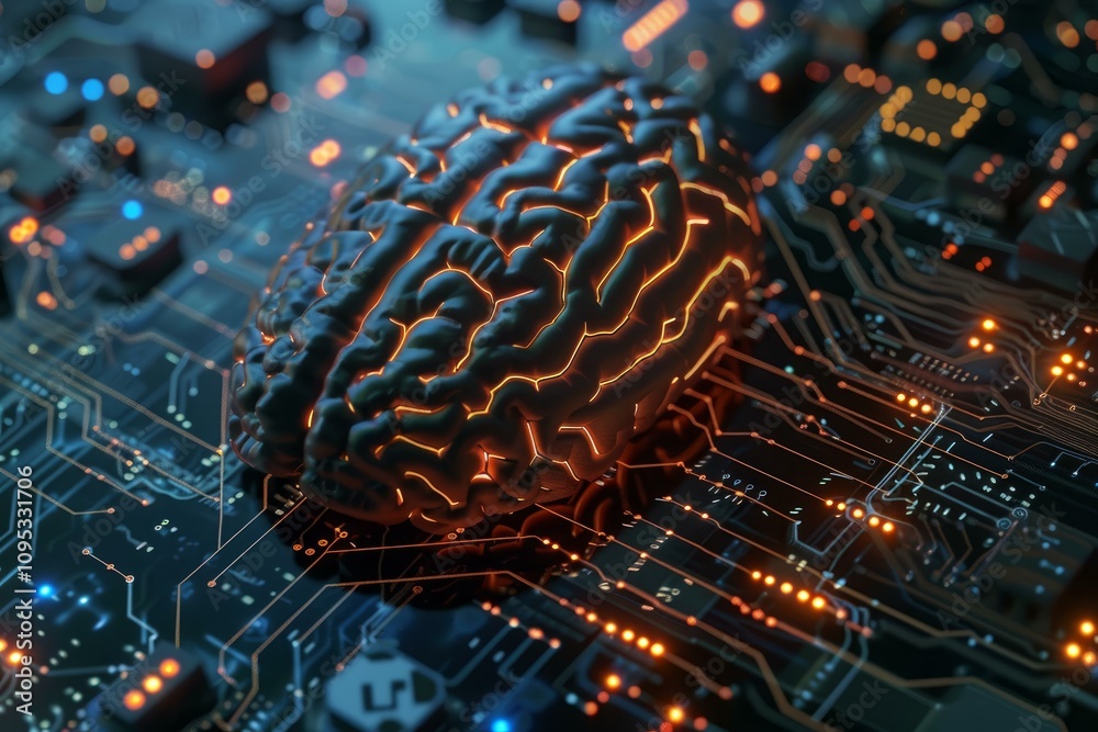 Poster artificial intelligence brain resting on a futuristic glowing circuit board, symbolizing machine lea