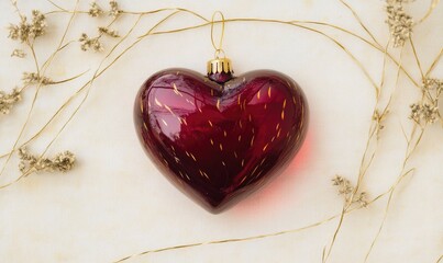 A red heart ornament is hanging from a string
