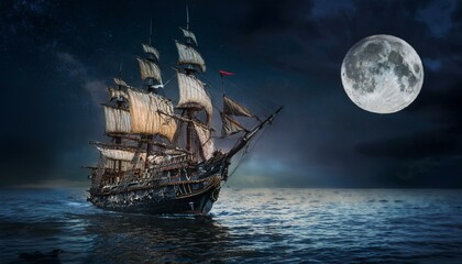 Fototapeta premium 칠흙같은 바다 위를 항해하는 해적선