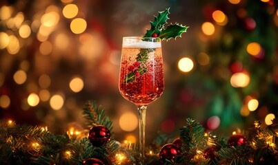 A glass of red wine with a sprig of holly on top