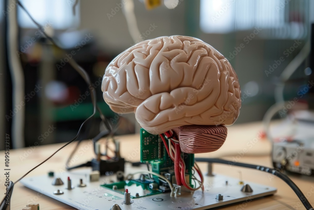 Poster plastic brain model connected to a circuit board in a laboratory setting, symbolizing artificial int