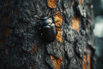 Black beetle on dark tree bark.