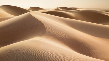 Golden sand dunes with soft ripples and natural textures in a tranquil desert landscape under warm sunlight