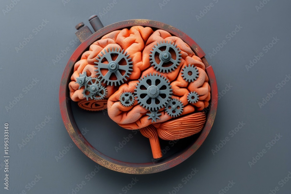 Poster conceptual image of a brain with interlocking gears, representing the complex thinking process and c