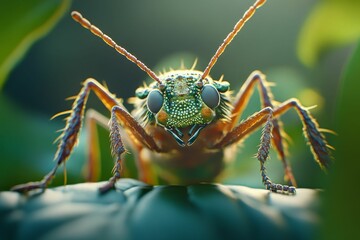 Fototapeta premium Close-up vibrant green insect on leaf.
