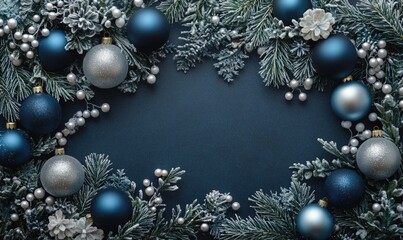 A blue background with a bunch of Christmas ornaments